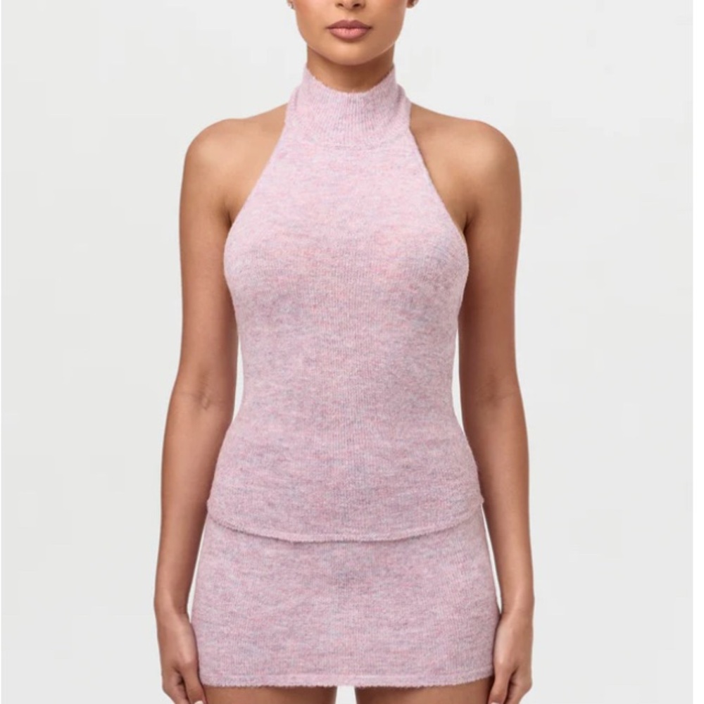 Naked Wardrobe Pink Halter Neck Knit Top & Skirt